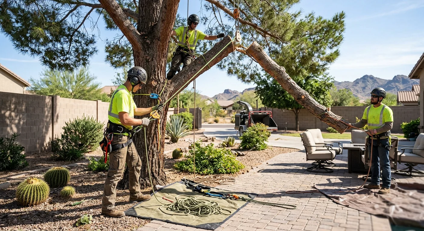 Crew rigging a large limb down over a backyard patio safely