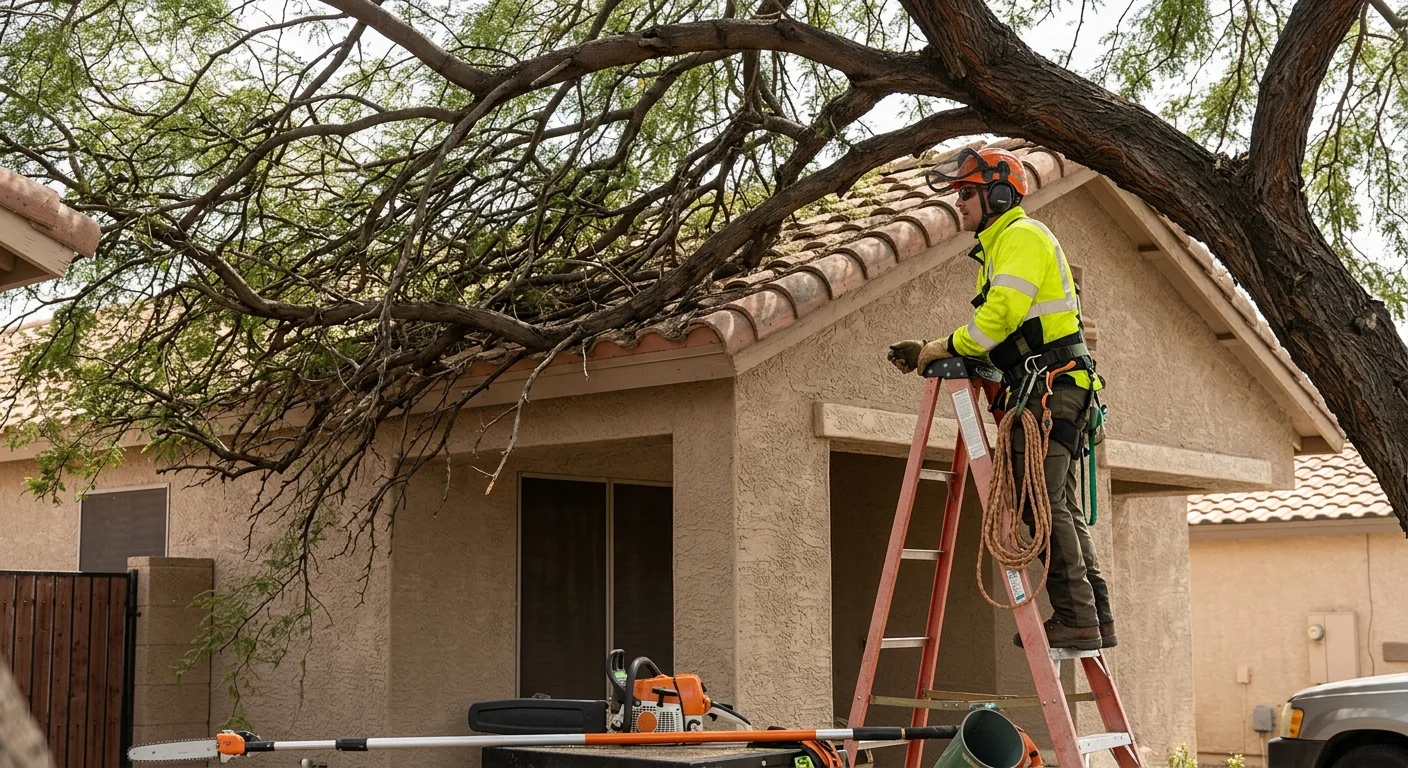 Before context of overgrown tree branches near a home roofline