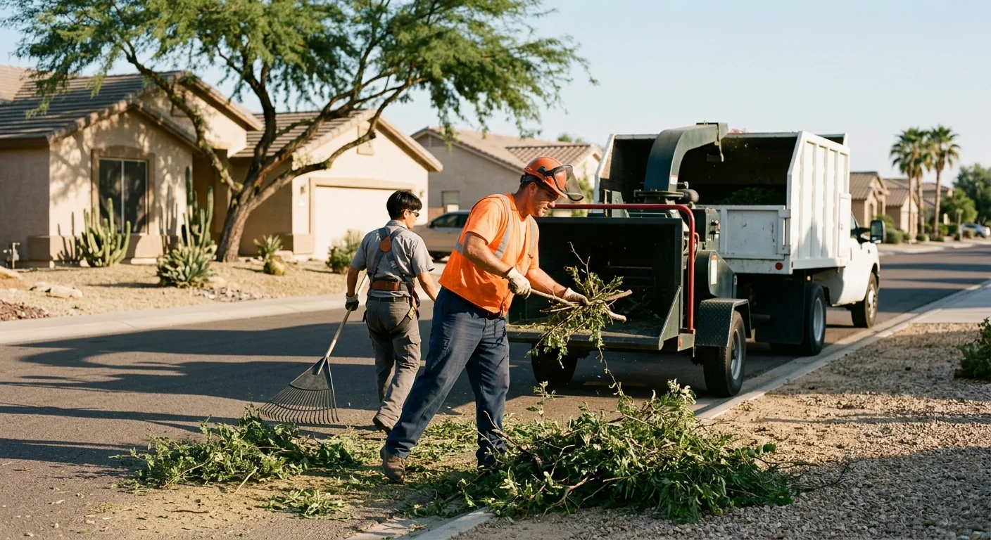Ground crew chipping brush and clearing debris after a trimming job