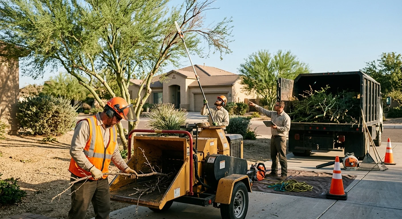 Crew member making a directional pruning cut on a shade tree in Goodyear