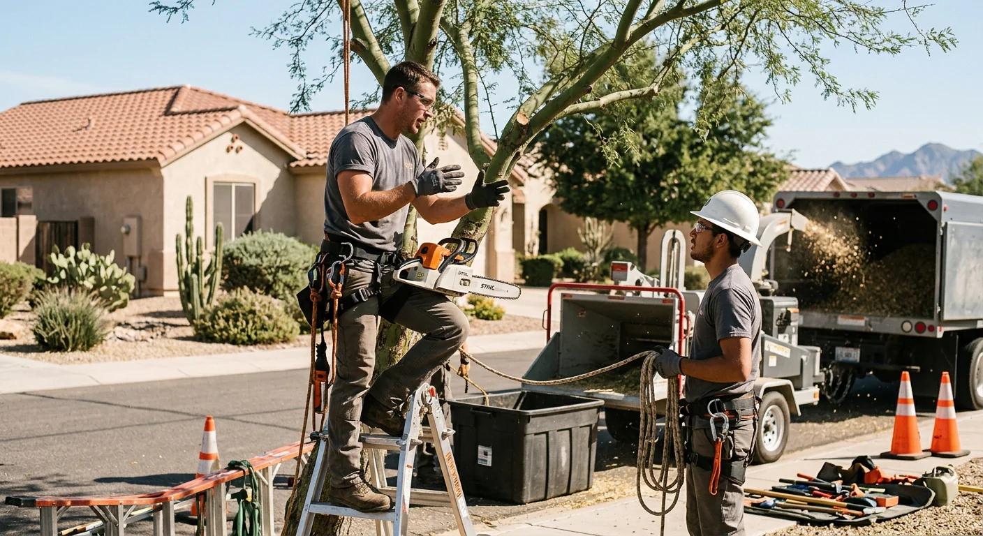 Aerial lift positioned for canopy trimming on a residential lot